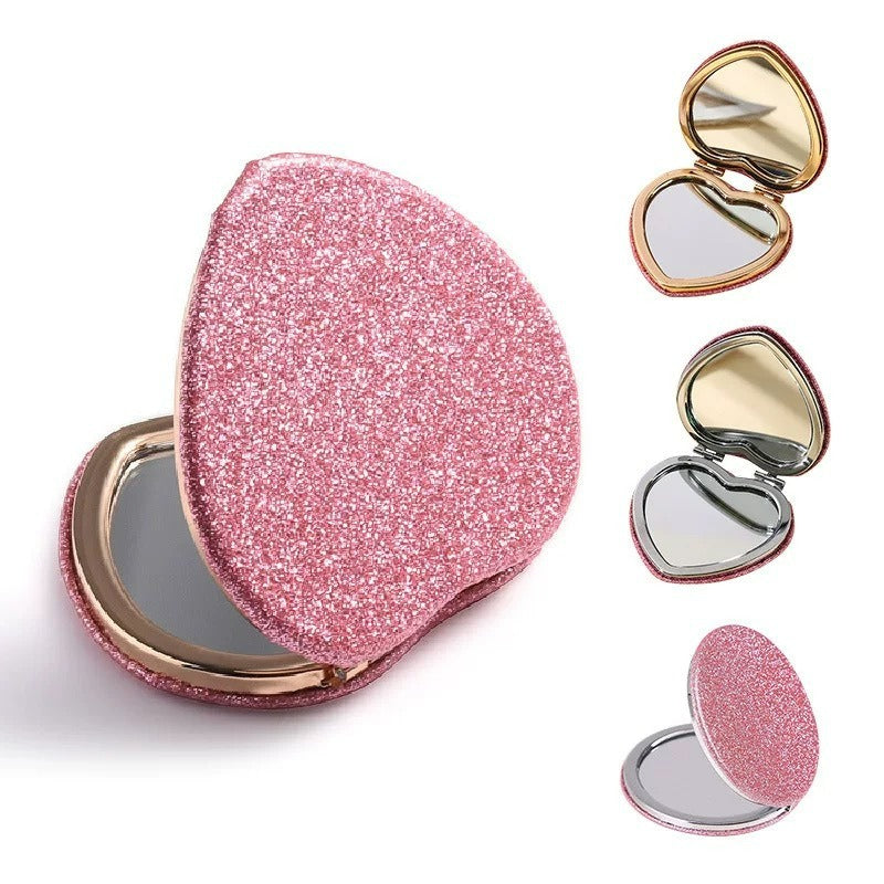 Eleganter, herzförmiger, glitzernder, faltbarer Kosmetikspiegel – roségoldener Rahmen, hypoallergenes Metall, tragbar und praktisch für Mädchen