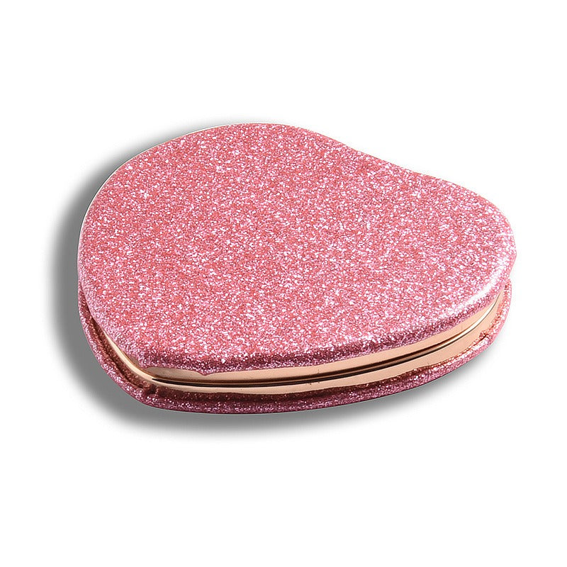Eleganter, herzförmiger, glitzernder, faltbarer Kosmetikspiegel – roségoldener Rahmen, hypoallergenes Metall, tragbar und praktisch für Mädchen